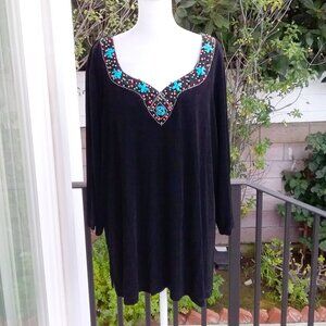 Slinky Brand Women XXL Petite Black Knit Top with Embellished Front Vintage